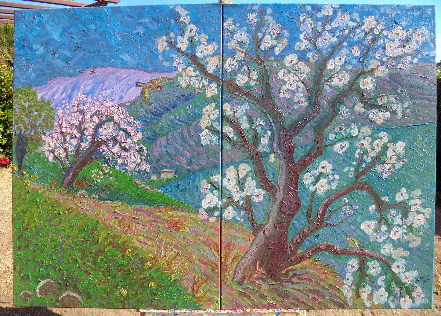 Kirsty Wain - Almond blossom and goldfinches in the Andalucian mountains