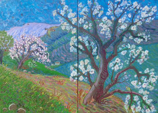 Kirsty Wain - Almond blossom and goldfinches in the Andalucian mountains