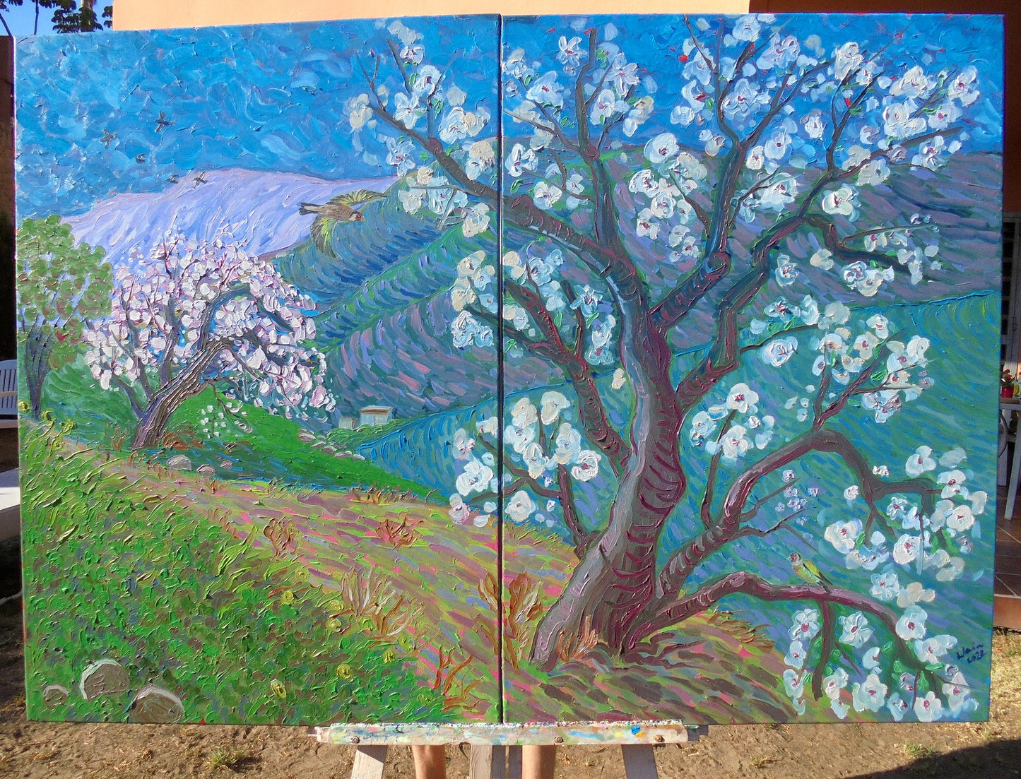 Kirsty Wain - Almond blossom and goldfinches in the Andalucian mountains