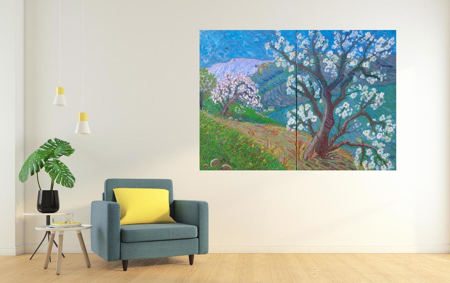 Kirsty Wain - Almond blossom and goldfinches in the Andalucian mountains