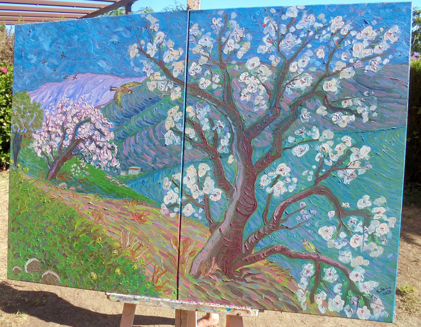 Kirsty Wain - Almond blossom and goldfinches in the Andalucian mountains