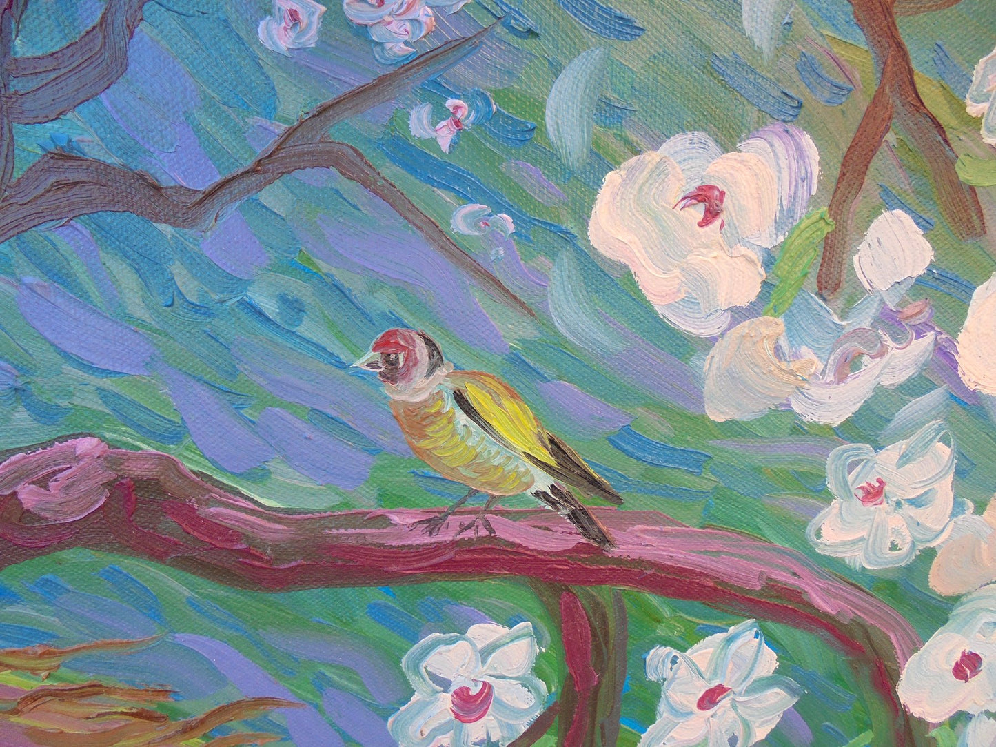 Kirsty Wain - Almond blossom and goldfinches in the Andalucian mountains