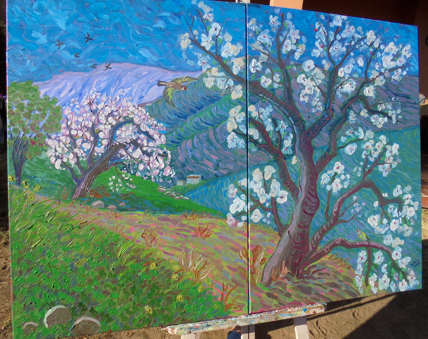 Kirsty Wain - Almond blossom and goldfinches in the Andalucian mountains