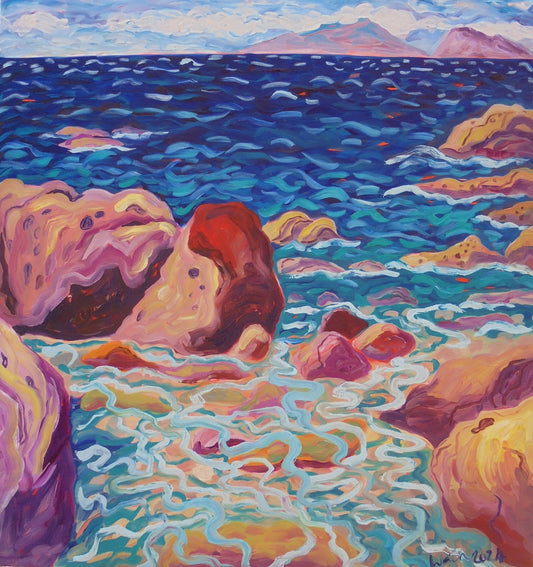 Kirsty Wain - ROCKY SHORE AT PLAYA SARDINA LOOKING TOWARDS GIBRALTAR