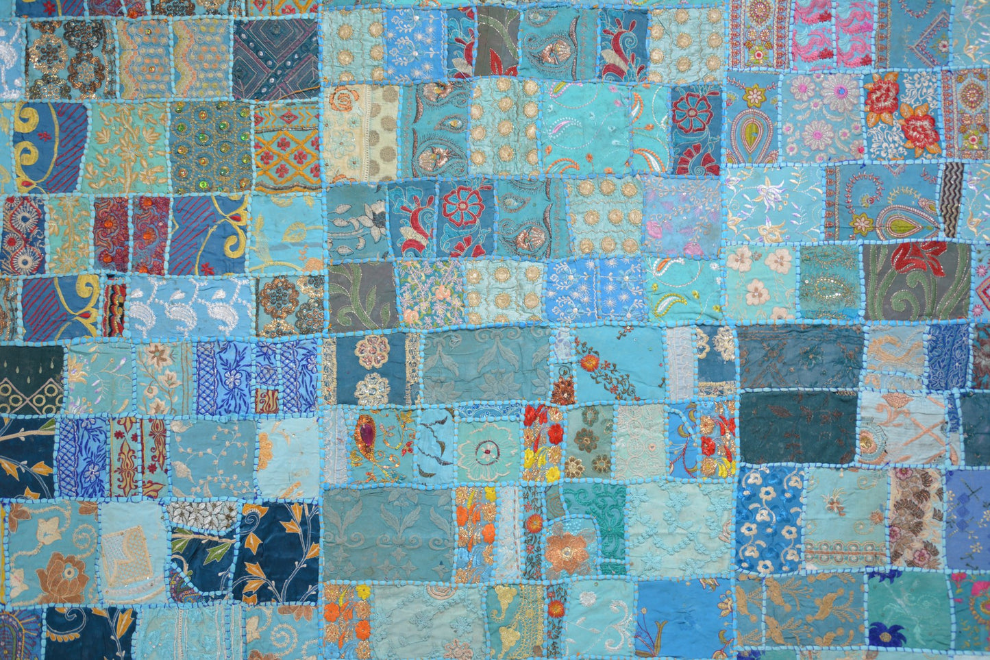 Patchwork artisanal bleu - 100 x 150 cm - Origine Inde