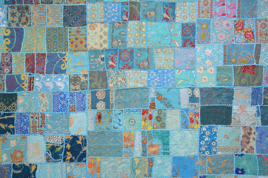 Patchwork artisanal bleu - 100 x 150 cm - Origine Inde