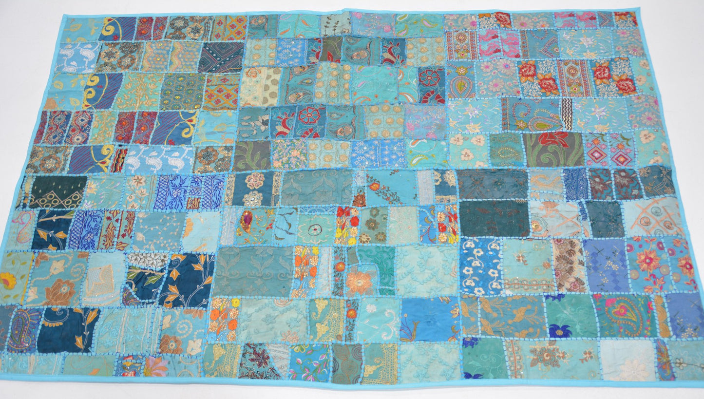 Patchwork artisanal bleu - 100 x 150 cm - Origine Inde