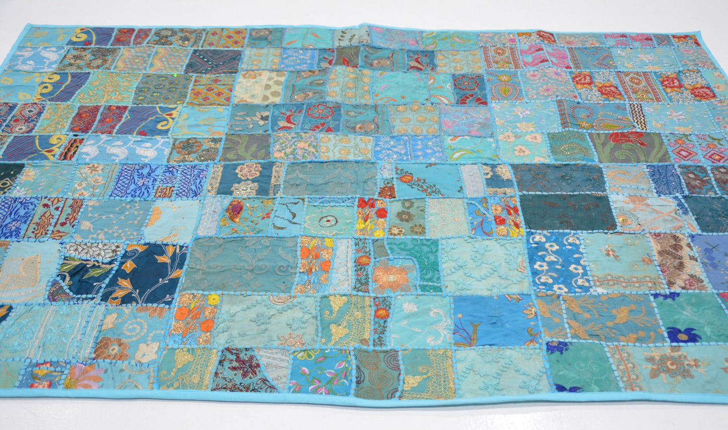 Patchwork artisanal bleu - 100 x 150 cm - Origine Inde
